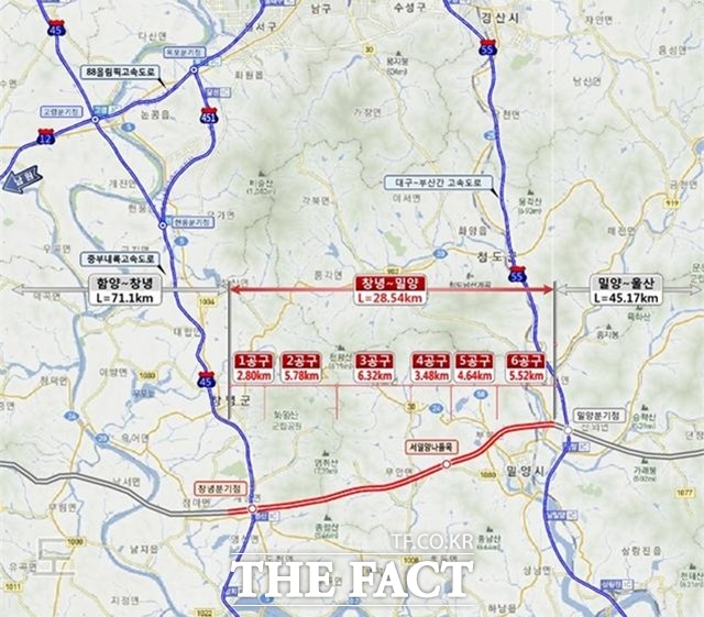 함양~울산 고속도로 창녕~밀양 구간 위치도