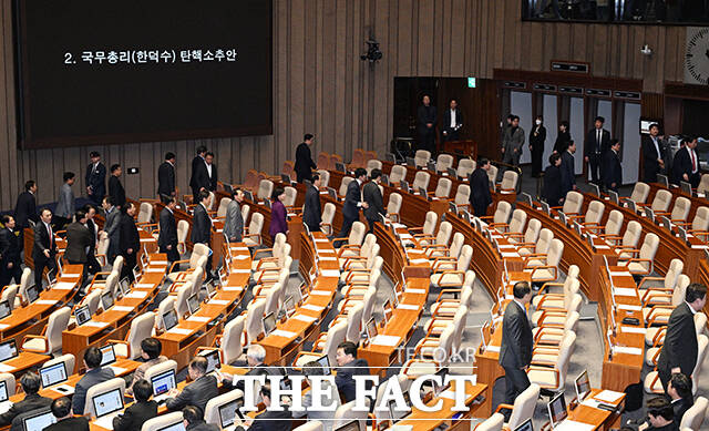 27일 오후 서울 여의도 국회에서 열린 본회의에서 한덕수 국무총리 탄핵소추안 표결에 대해 항의하던 국민의힘 의원들이 본회의장을 나서고 있다. /국회=박헌우 기자