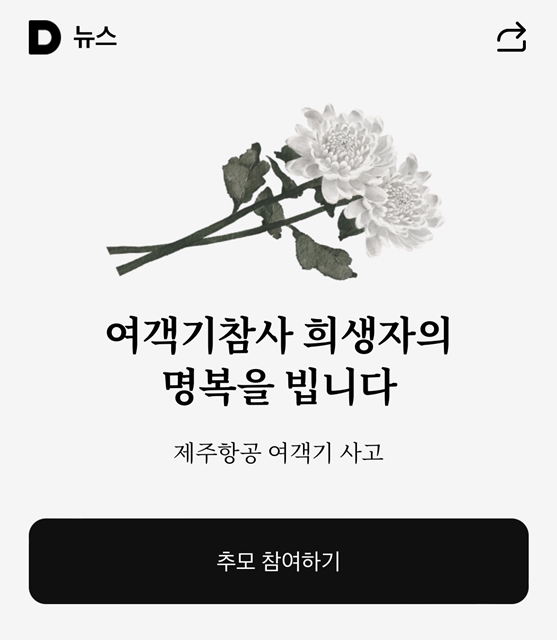 카카오도 전날 포털 다음 PC·모바일 홈페이지에 제주항공 여객기 참사 관련 페이지를 생성했다. 사진은 다음 추모 페이지 /다음 추모 페이지 캡쳐