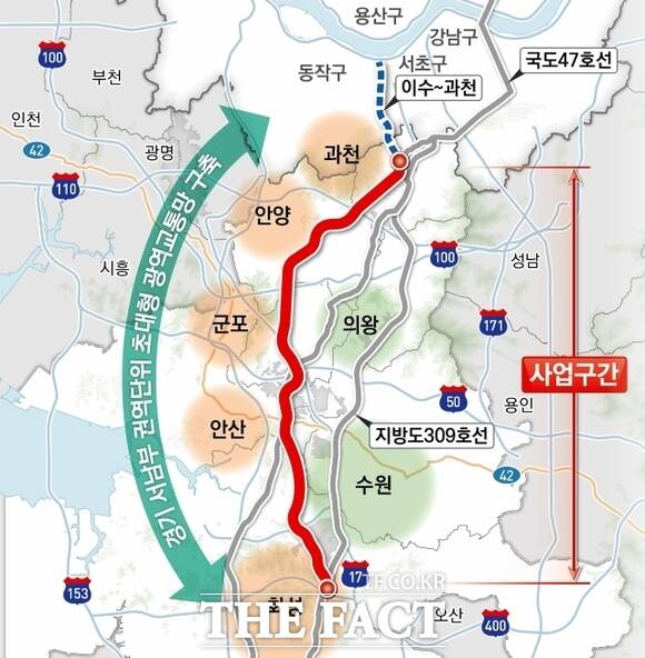 경기도가 지난 26일 KDI(한국개발연구원)에 적격성조사를 의뢰한 화성~과천 고속화도로 민간투자사업 노선도. /경기도