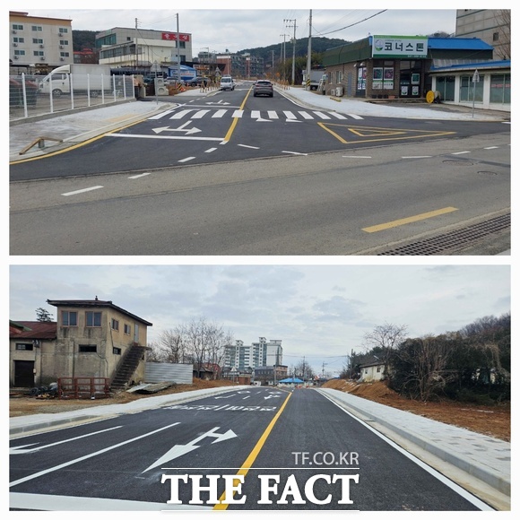 당진시 송악 중로 2-705호선(윗들, 사진 위)과 합덕 중로 2-301호선(정우공업사~OK슈퍼) 도시계획도로 모습. /당진시