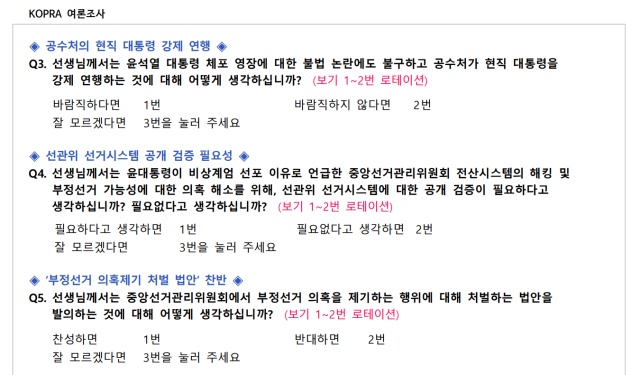 조사는 총 10개 문항으로 이뤄졌는데 윤 대통령의 지지도와 정당 지지도를 물은 뒤 3번 문항에선 선생님께서는 윤 대통령 체포영장에 대한 불법 논란에도 불구하고 공수처가 현직 대통령을 강제 연행하는 것에 대해 어떻게 생각하시는가라고 물었다. /중앙선거여론조사심의위원회 홈페이지 갈무리