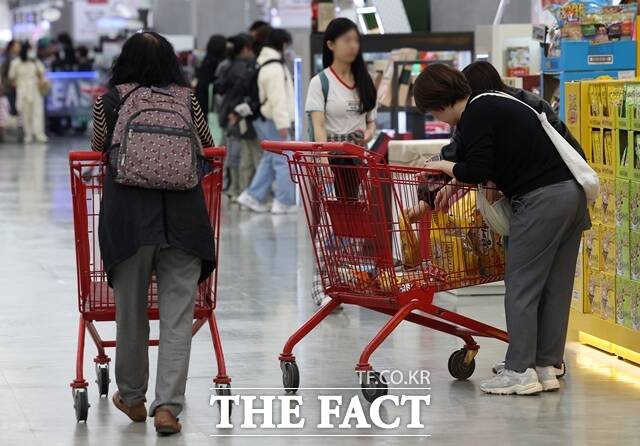 유통업계 숙원이자 윤석열 정부 규제개혁 1호 과제인 유통법 개정안이 혼란한 정국 속 제동이 걸리고 있다. 사진은 서울시내 한 대형마트에서 방문객이 쇼핑카트를 끌고 이동하고 있는 모습 /뉴시스