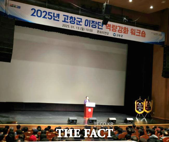 심덕섭 고창군수가 13일 오전 문화의전당에서 열린 신규이장단 청렴서약식에서 인사말을 하고 있다./김영미 기자