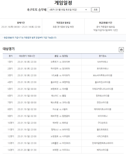 축구토토 승무패 4회차 대상 경기