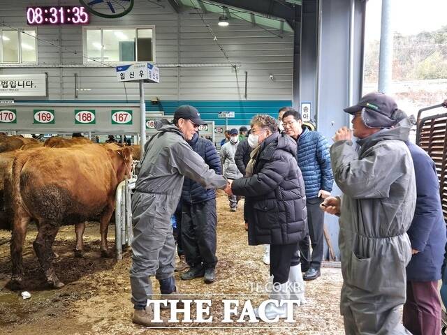 장세일 영광군수가 15일 영광축협 가축시장을 방문해 한우 농가와 축협 관게자들을 격려했다. /영광군