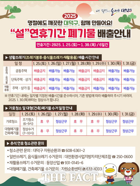 대전 대덕구가 구민이 깨끗한 환경에서 새해를 맞이할 수 있도록 설 연휴 쓰레기 관리 대책을 마련해 쓰레기 집중 관리에 나선다. 사진은 대전 대덕구 설 연휴 생활쓰레기 배출 홍보 카드 뉴스 /대덕구