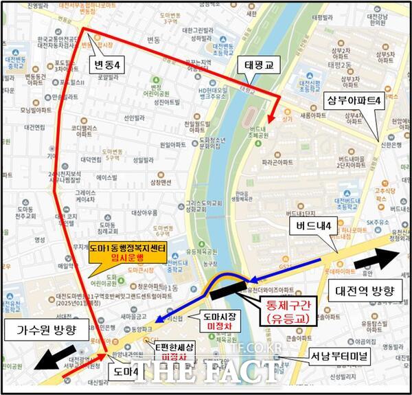 유등교 가설교를 통행하는 일부 버스 노선도 /대전시
