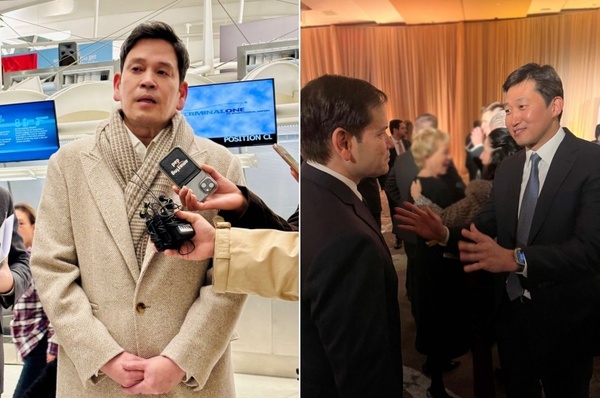 정용진 신세계그룹 회장이 지난 17일(현지시간) 미국 뉴욕 JFK공항에서 기자들과 만나 이야기하는 모습(왼쪽)과 김범석 쿠팡Inc 의장이 지난 17일(현지시간) 트럼프 주니어가 주최한 비공개 리셉션에 참석해 마코 루비오 국무장관 지명자와 대화하는 모습(오른쪽). /(왼쪽)신세계그룹, (오른쪽) 뉴시스