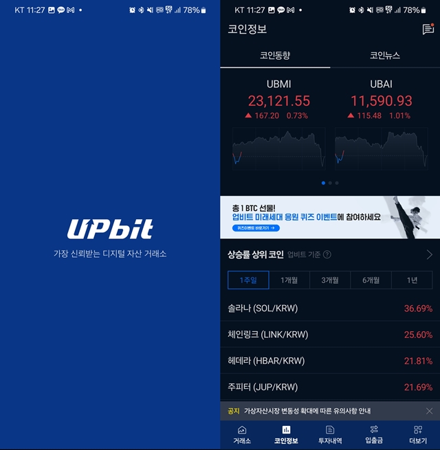 가상자산 거래소 업비트가 최근 7억원 상당의 고객 가상자산을 탈취 위기에서 지켜냈다. 사진은 업비트 앱 구동 화면 모습. /김태환 기자