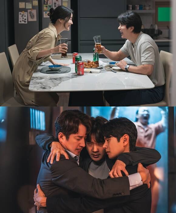 권상우(위쪽 사진의 오른쪽)는 저희는 누구 하나 빠지면 안 되는 영화라고 함께 호흡을 맞춘 배우들을 향한 각별한 애정을 드러냈다. /㈜바이포엠스튜디오