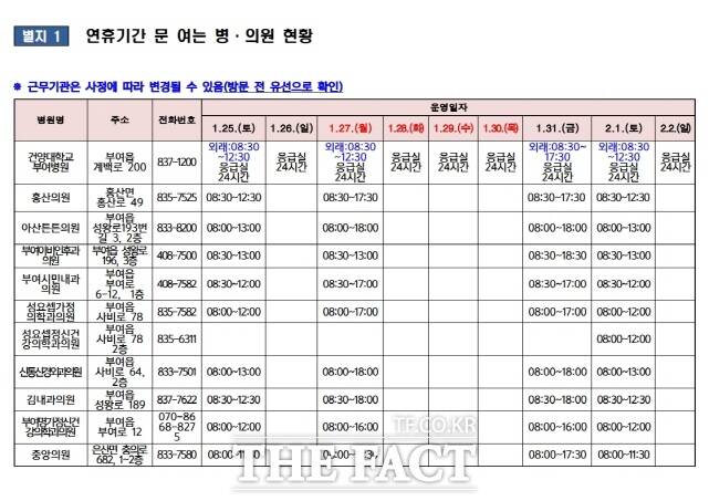 충남 부여군이 설 연휴기간 운영하는 문 여는 병·의원 및 약국 현황표. /부여군