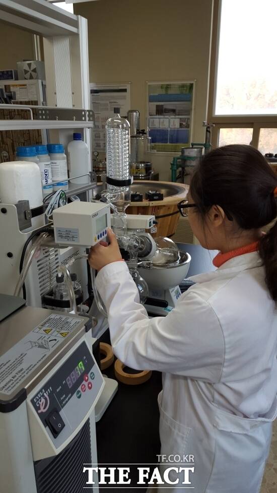 경기도산림환경연구소 관계자가 수집한 산림 자원 성분을 추출하고 있다. /경기도