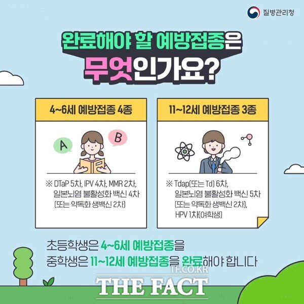 질병관리청 초등학생 및 중학생 필수 예방접종 안내문. /천안시