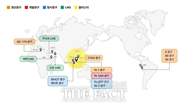 SK이노베이션의 에너지 자원개발 자회사 SK어스온이 베트남 15-2/17 탐사광구에서 하루 최대 1만 배럴 규모의 원유를 시험 생산하는 데 성공했다. SK어스온의 자원개발 사업 현황 지도. /SK어스온