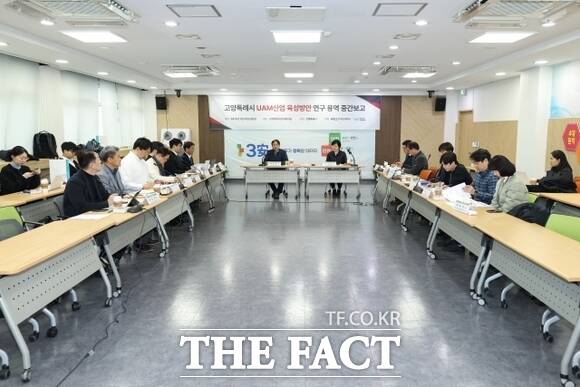 경기 고양시가 지난달 31일 개최한 'UAM 산업 육성 방안 연구용역' 중간보고회에 참석한 관계자들이 실효성 있는 추진 전략을 마련을 위한 의견을 나누고 있다. /고양시