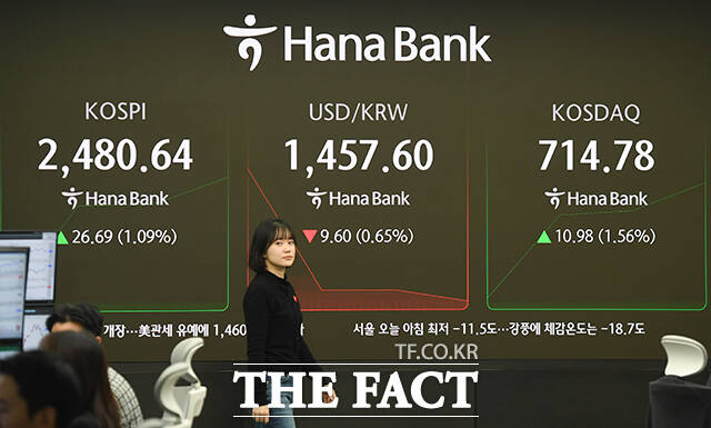 도널드 트럼프 미국 행정부의 관세 부과 충격에 환율이 급등하고 있는 가운데 4일 오전 서울 중구 하나은행 본점 딜링룸 전광판에 지수가 나타나고 있다. /장윤석 기자