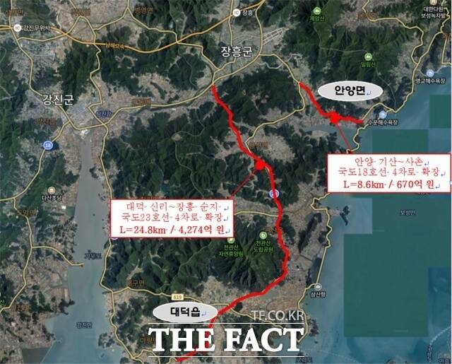 장흥군은 국토교통부가 추진하는 제6차 국도·국지도 건설 계획 예비타당성조사 대상 사업에 2건의 도로 사업이 선정됐다./장흥군