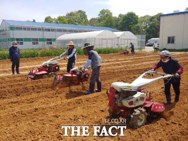 공주시 농민들이 농기계를 이용해 밭갈이를 하고 있다. /공주시