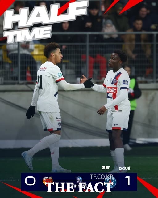 PSG는 전반 25분 데지레 두에(왼쪽)의 선제골로 전반을 1-0으로 마쳤다./PSG