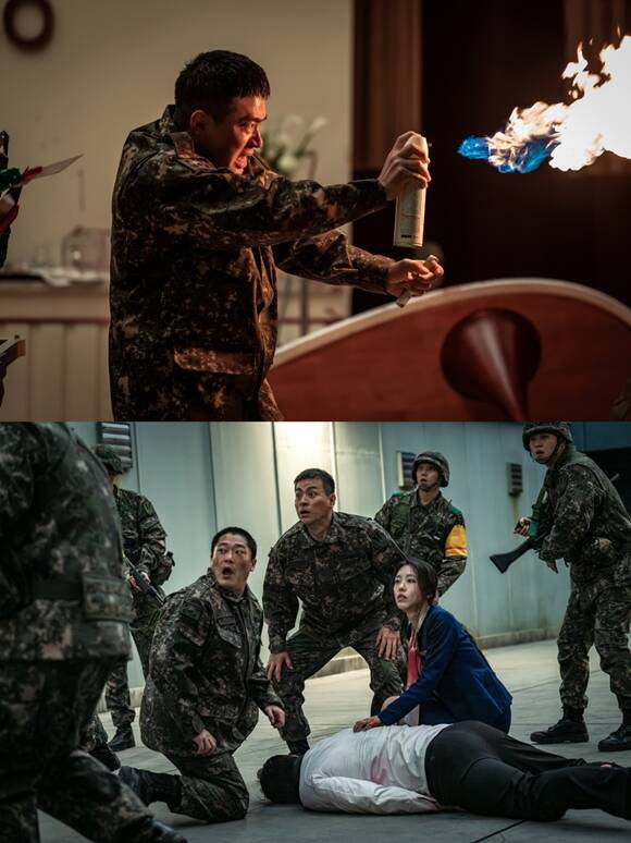 뉴토피아는 군인 재윤(박정민 분)과 곰신 영주(지수 분)가 좀비에 습격당한 서울 도심을 가로질러 서로에게 달려가는 이야기를 그린다. /쿠팡플레이