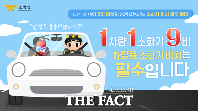 지난해 12월 1일부터 ‘소방시설 설치 및 관리에 관한 법률 개정에 따라 차량용 소화기 의무 설치 대상 차종이 7인승 이상 차량에서 5인승 이상의 모든 차량으로 확대됐으며, 지난해 12월 1일 이후 제작·수입·판매 또는 중고로 거래된 자동차부터 이 법이 적용된다. / 정읍소방서