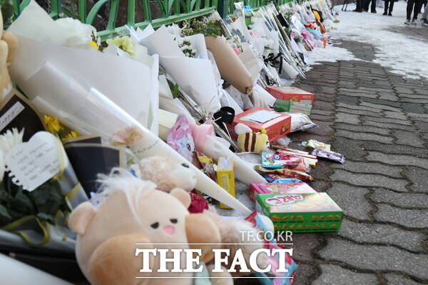 11일 대전 초등생 살해 사건이 발생한 대전 서구의 한 초등학교 앞에는 피해자인 고(故) 김하늘 양을 추모하기 위한 국화꽃과 각종 간식, 쪽찌들이 놓여 있다./정예준 기자