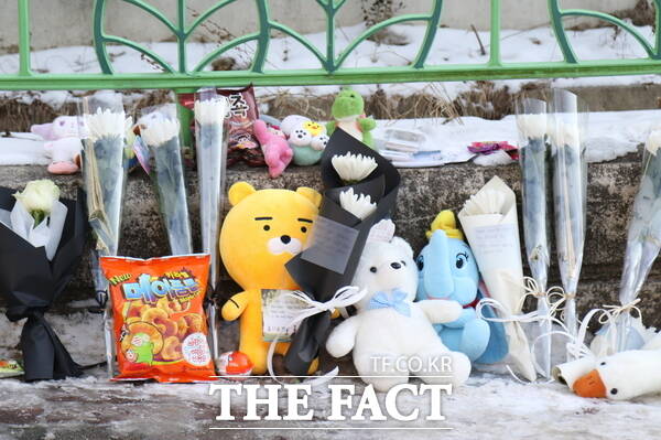 11일 대전 초등생 살해 사건이 발생한 대전 서구의 한 초등학교 앞에는 피해자인 고(故) 김하늘 양을 추모하기 위한 국화꽃과 각종 간식, 쪽찌들이 놓여 있다./정예준 기자