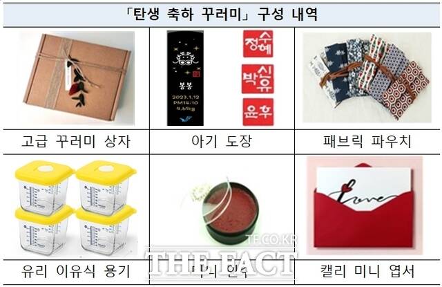 보령시가 출산가정에 지원하는 탄생 축하 꾸러미 구성 품목. /보령시