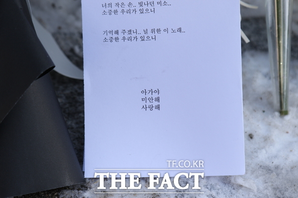 11일 대전 초등생 살해 사건이 발생한 대전 서구의 한 초등학교 앞에는 피해자인 고(故) 김하늘 양을 추모하기 위한 국화꽃과 각종 간식, 쪽찌들이 놓여 있다. 사진은 김 양을 추모하는 글이 적힌 쪽지./정예준 기자