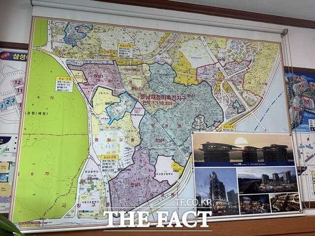 한남5구역 재개발은 서울 용산구 동빙고동 60번지 일대 18만3707㎡ 부지에 지하 6층~지상 23층, 아파트 51개동, 2592가구를 짓는 사업이다. 사진은 용산구 보광동 공인중개사사무소 내 한남뉴타운 지도. /황준익 기자
