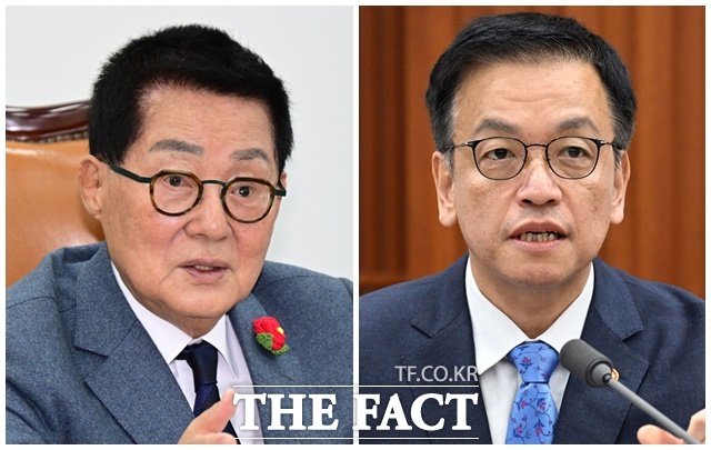 지난 13일 국회에서 열린 경제분야 대정부질문에서 여야 간 막말과 고성이 오갔다. 사진은 박지원 더불어민주당 의원(왼쪽)과 최상목 대통령 권한대행 부총리 겸 기획재정부 장관. /임영무·남윤호 기자