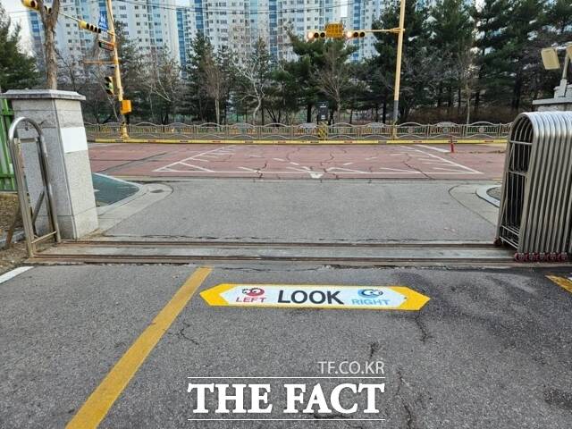 경기 의정부시가 지역 내 한 초등학교 입구에 차량 진행 방향을 살펴볼 수 있도록 '좌우를 살펴요 L(Left)-R(Right) LOOK'를 표시한 모습 /의정부시