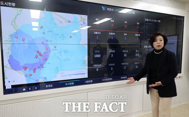 신계용 시장이 스마트 행정 통합플랫폼을 시연하고 있다./과천시