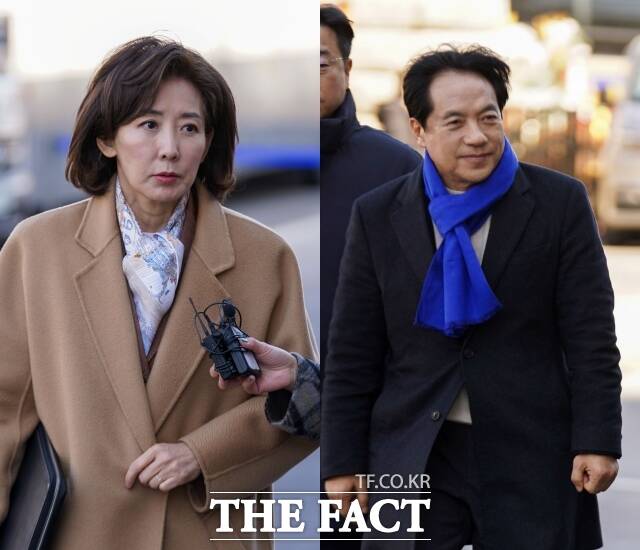 나경원 국민의힘 의원(왼쪽)과 이성윤 더불어민주당 의원이 18일 서울 종로구 헌법재판소에서 열린 윤석열 대통령 탄핵심판 9차 변론 참관을 위해 헌재에 들어서고 있다. /사진공동취재단