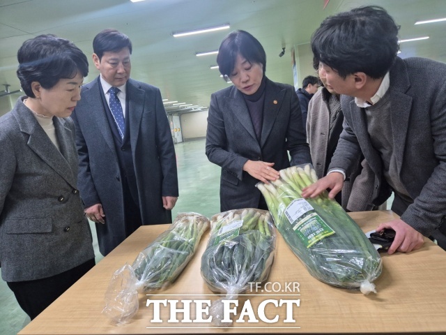 송미령 농림축산식품부 장관이 지난 17일 경기도 광주시 아워홈 동서울 물류센터를 방문해 진도 대파를 살펴보고 있다. /진도군