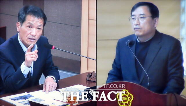 김기일 부여군의원(왼쪽)이 21일 본회의장에서 열린 부여군의회 제290회 임시회 제2차본회의에서 구기환 부여군 재무회계과장(오른쪽)을 상대로 질의하고 있다. /김형중 기자