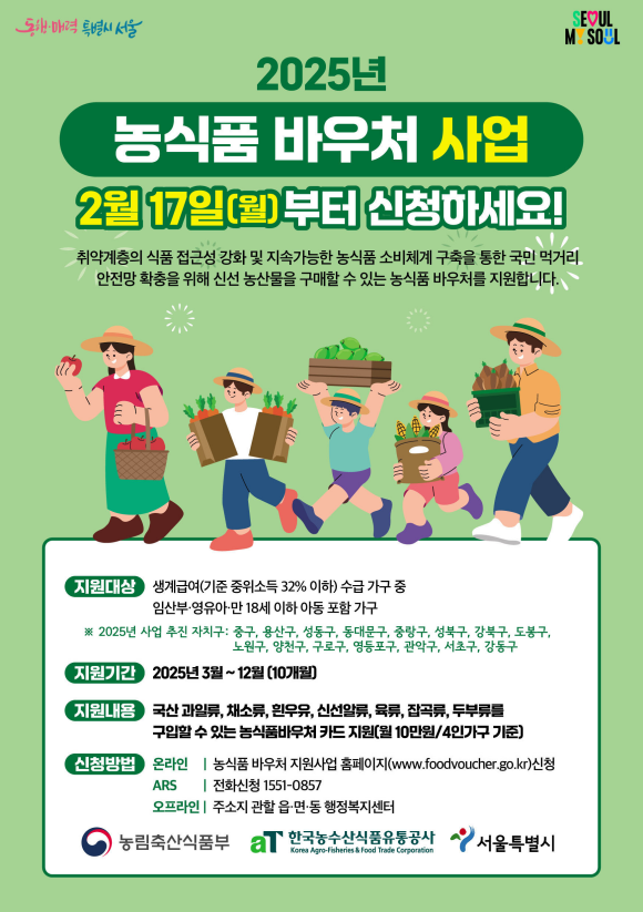 서울시가 생계급여 수급 가구의 신선 식품 구매를 지원하는 농식품 바우처를 17일부터 신청받는다. /서울시