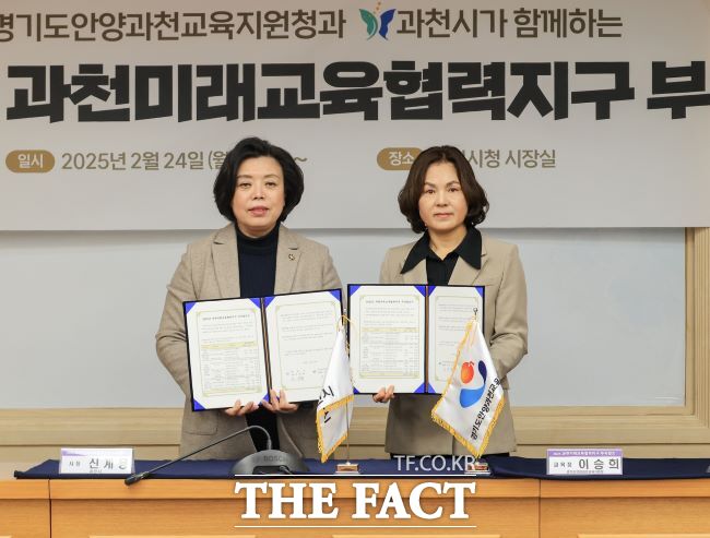 과천 미래교육협력지구 사업 협약을 체결한 신계용 시장(왼쪽)과 이승희 안양과천교육장 /과천시