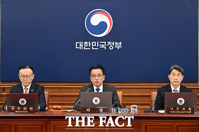 최상목 대통령 권한대행 부총리 겸 기획재정부 장관(가운데)이 25일 오전 서울 종로구 정부서울청사에서 열린 제8회 국무회의에 참석해 모두발언을 하고 있다. /기획재정부