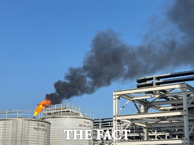 25일 오전 9시25분께 충남 서산 대산석유화학단지에서 정전이 발생해 플래어스택에서 불길과 연기가 나고 있다. /뉴시스