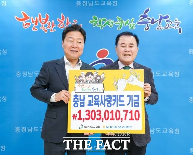 박장순 NH농협은행 충남본부장(왼쪽)이 28일 충남교육사랑카드 적립금 13억 원을 김지철 충남교육청 교육감에게 전달하고 있다. /NH농협은행 충남본부