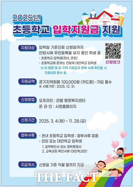 2025년 초등학교 입학지원금 안내문./안양시