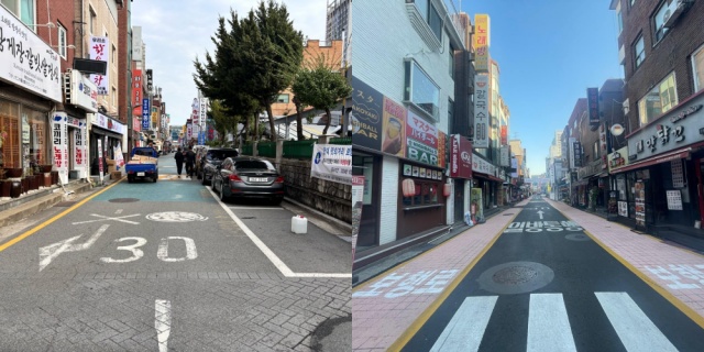 서울시는 올해 주요 보행로를 보행자 중심으로 개선한다. 왼쪽부터 건대맛의거리 개선 전·후 모습. /서울시
