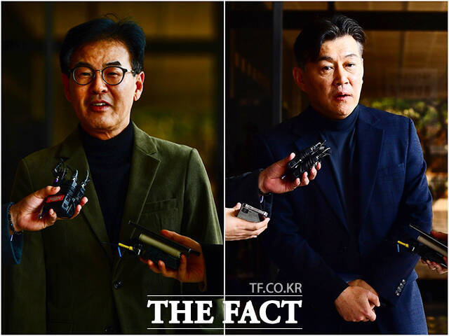 강철원 전 서울시 정무 부시장(왼쪽)과 박찬구 서울시 정무특보가 10일 오후 서울 서초구 서울중앙지방검찰청 명태균 의혹 전담수사팀에 참고인 및 고소인 자격으로 출석하며 입장을 밝히고 있다./장윤석 기자