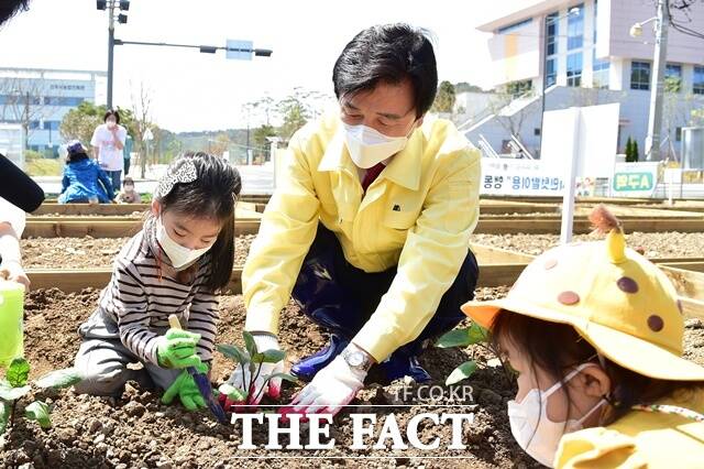 조규일 진주시장이 시민텃밭에서 어린이들과 농작물을 심고 있다./진주시