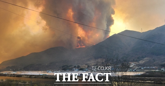 지난 21일 오후 3시26분쯤 경남 산청군 시천면 신천리에서 산불이 발생한 가운데 이틀째 진화작업이 이어지고 있다. /산청=독자제공