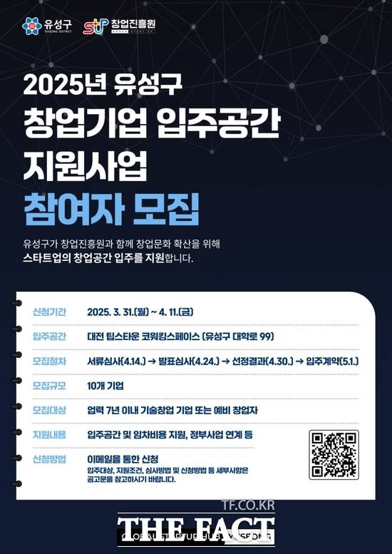 대전 유성구는 어궁동(어은동·궁동) 지역 스타트업을 활성화하고 창업 문화를 확산하기 위해 창업 입주 공간 지원사업을 추진한다. 사진은 대전 팁스타운에 입주할 유망 스타트업 기업 모집 포스터 /유성구