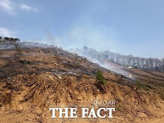4일 오후 1시 8분쯤 경기 양주시 백석읍 복지리 산61-8 일원에서 발생한 산불이 진화되고 있는 모습./산림청