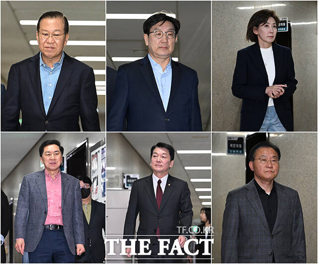 권영세 국민의힘 비상대책위원장과 권성동 원내대표, 나경원 의원, 윤재옥 의원, 안철수 의원, 김기현 의원(왼쪽 위부터 시계방향)이 6일 오후 서울 여의도 국회에서 열린 4선 이상 중진 의원들과의 간담회에 참석하고 있다. /국회=박헌우 기자